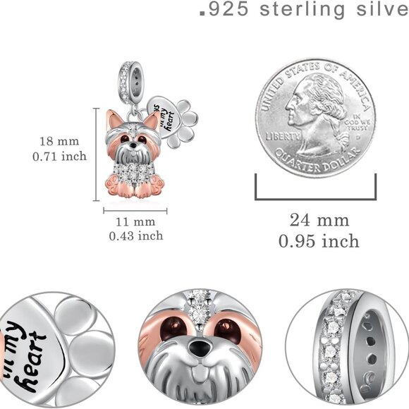Sterling Silver Dog Charm for Bracelets Cute Yorkie Jewelry Gifts for Women - Picture 4 of 6